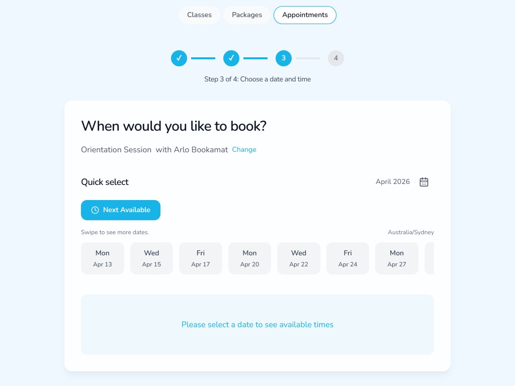 Bookamat appointment booking flow showing date selection and scheduling on tablet