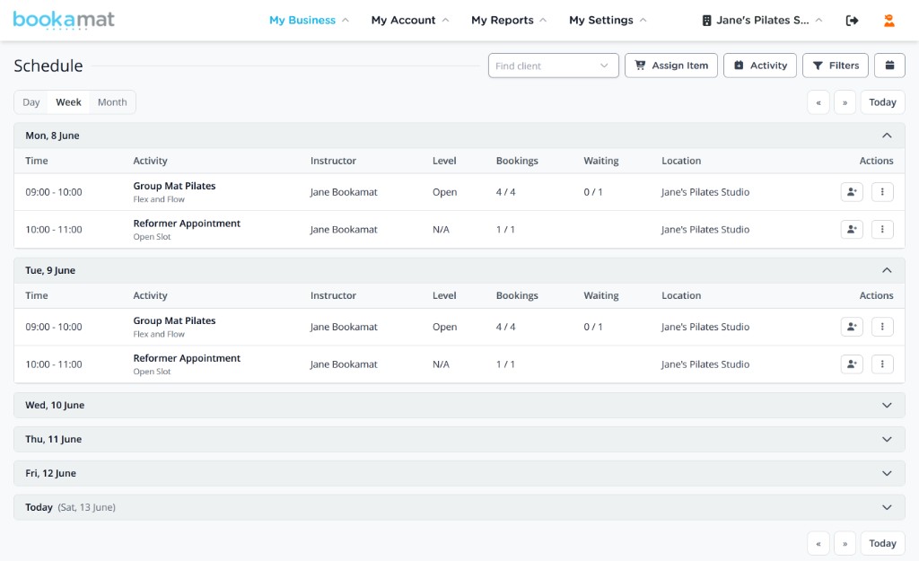 Bookamat business schedule on desktop showing weekly classes, instructors, bookings, and studio management tools