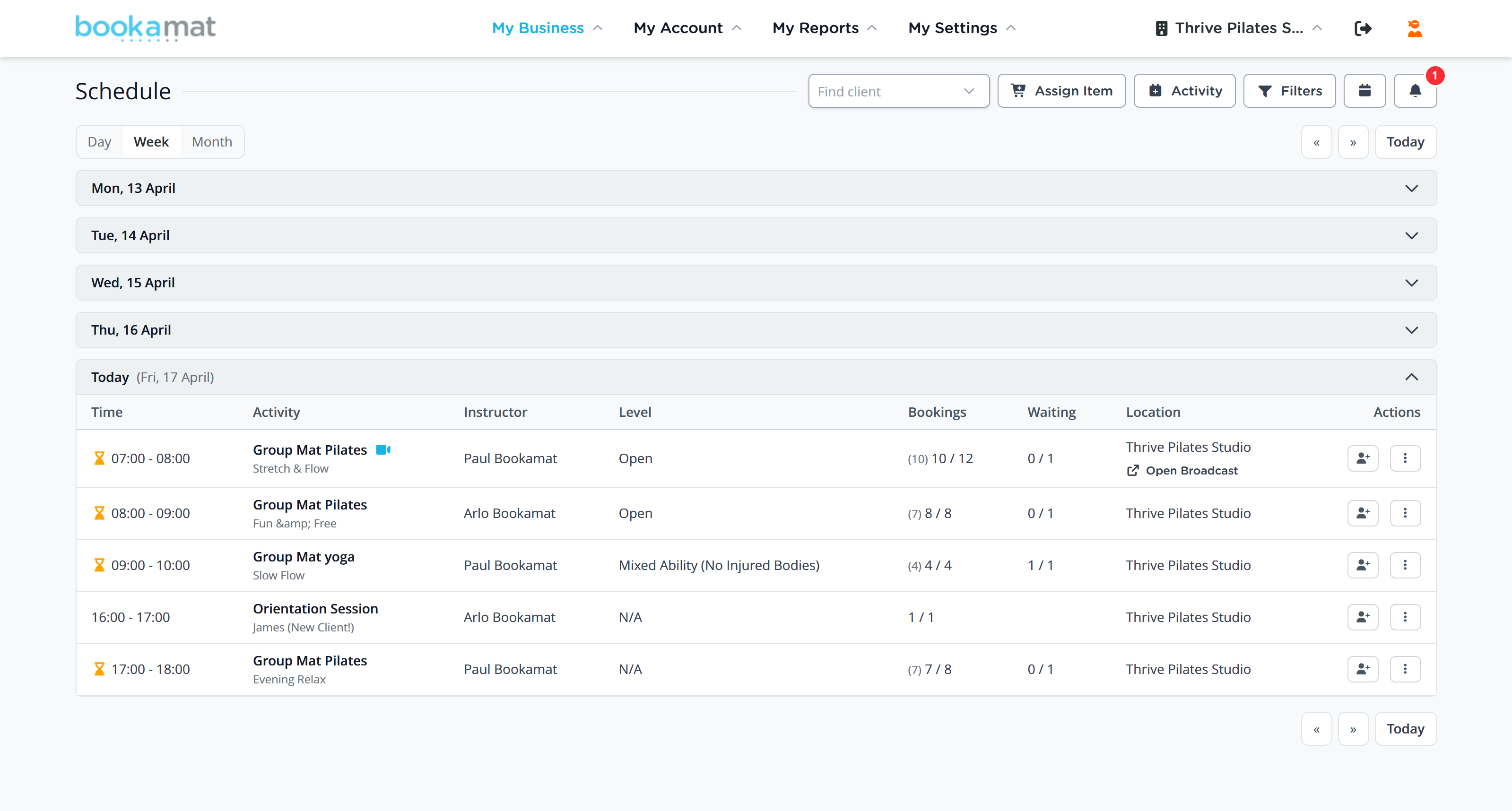 Bookamat business schedule dashboard showing classes, instructors, bookings, and studio management tools