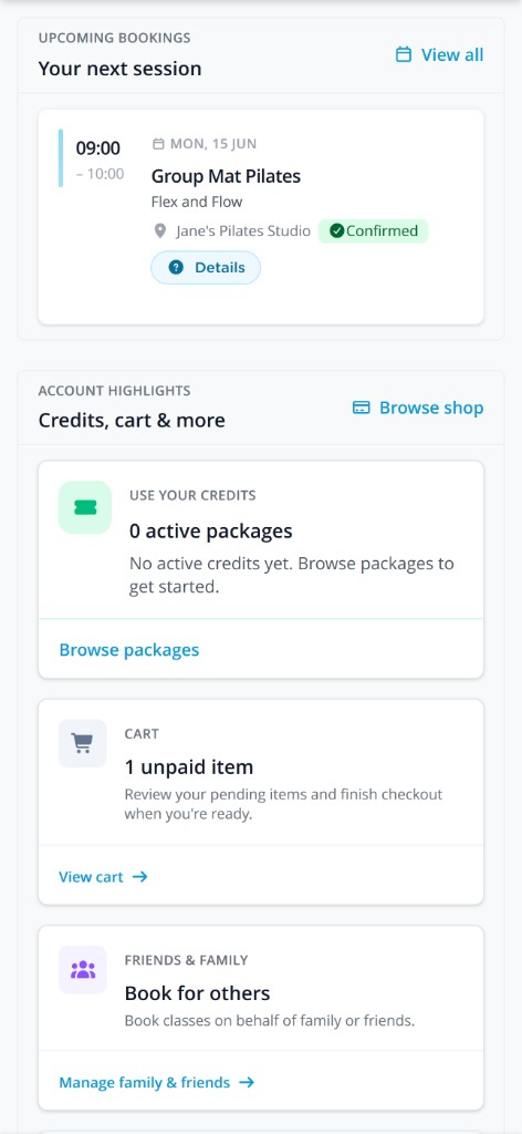 Bookamat client app on mobile showing an upcoming booking, credits, cart, and booking for friends and family