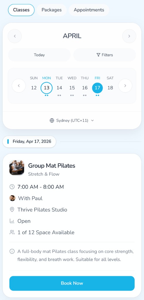 Bookamat mobile booking app showing class schedule, calendar, class details, and Book Now button